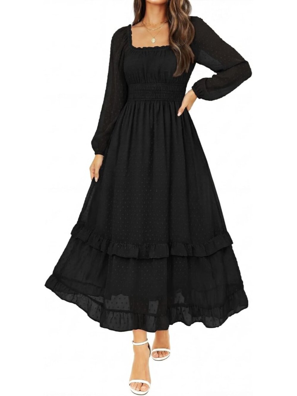 Women's Black Fall Swiss Dot Chiffon Square Neck A-Line Wedding Guest Maxi Dress